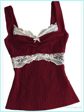 Ribbed Knit Camisole with Lace Trim Slim Fit Vintage Grunge Tank Top